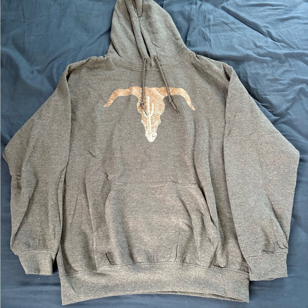 Woman’s  Charcoal Hoodie with Bull Skull Design